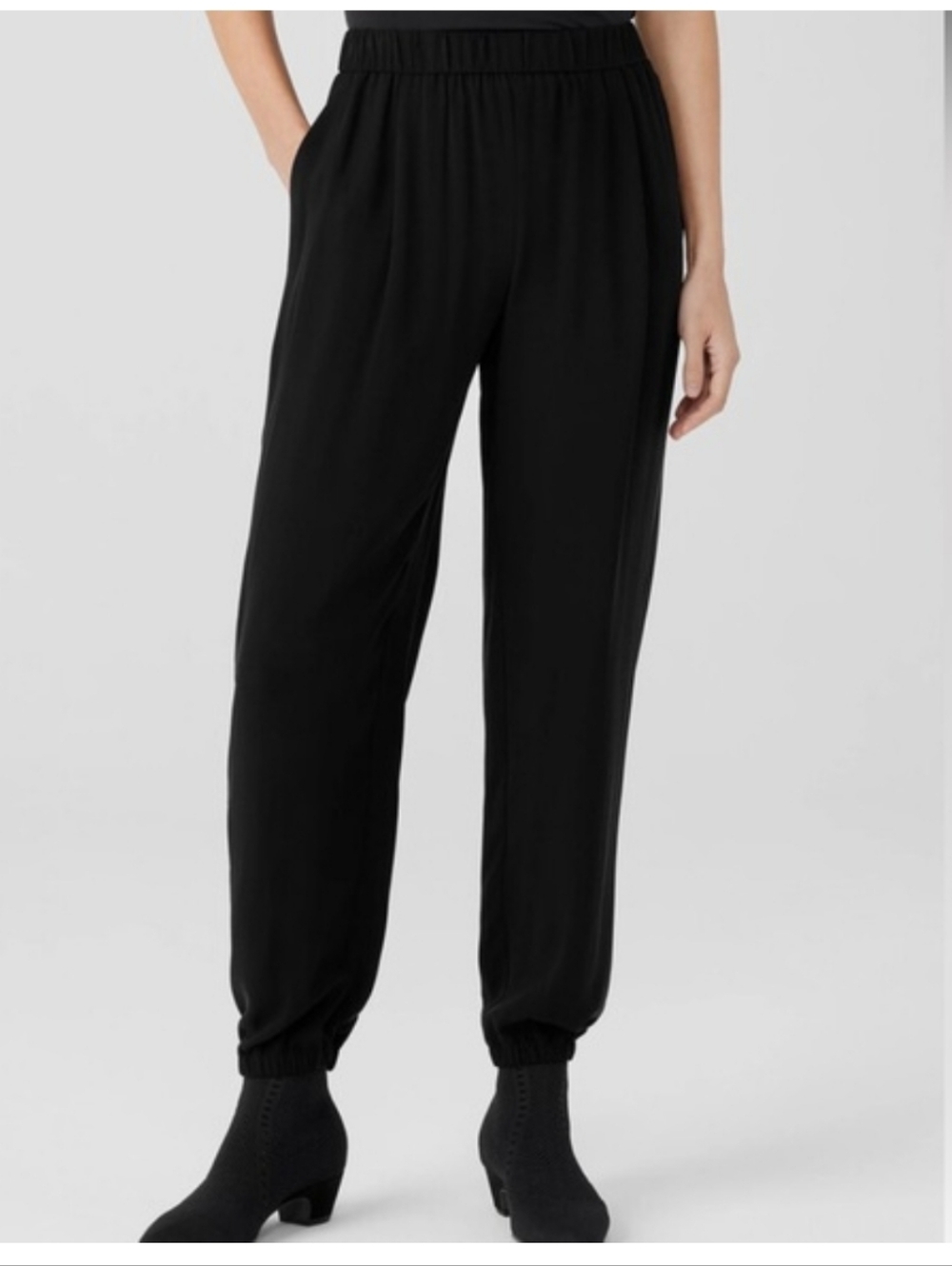 Eileen Fisher Black Elastic Waist Pull-On Silk Pants